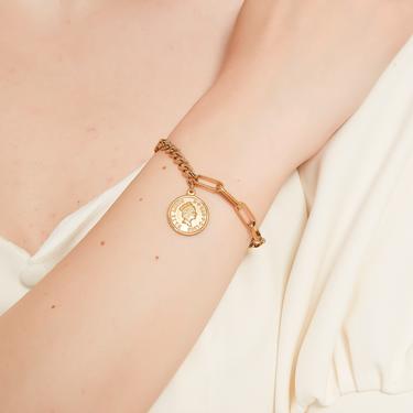 jessica gold coin chain bracelet, gold Chain Bracelet, gold Delicate Dainty coin Charm Bracelet, gold coin link Bracelet, cuban chain coin 