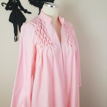 Vintage 1970's Wild Crest House Coat / 80s Pink Robe Nightgown S/M 