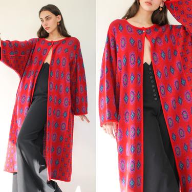 Vintage 80s Adrienne Vittadini Ruby Red Geometric Mosaic Woven Wool Blend Duster w/ Pockets | Made in Italy | 1980s Designer Kimono Cardigan 