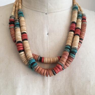 Vintage 80s necklace, 1980s beaded necklace, multi strand, clay beads, ethnic necklace, bohemian jewelry 