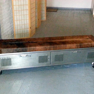 Vintage Steel Locker Storage Bench w/ Cowhide Seat