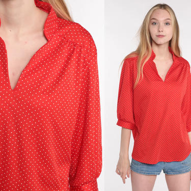 Polka Dot Shirt 70s Top Red Blouse Boho Disco 1970s Collared Polyester Vintage V Neck Shirt 3/4 Sleeve Top Large L 