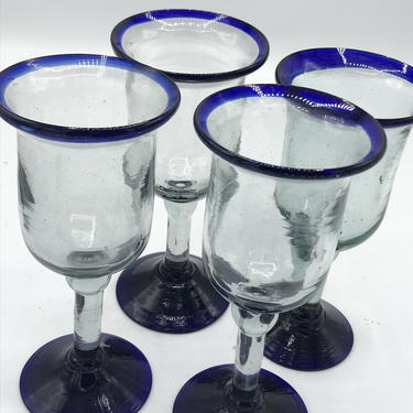 Vintage Set of four (4)   Handmade Blown Mexican Margarita or Wine Glasses  Cobalt Blue Rim and Base - Hold over 10  ounces Tulip  shape 