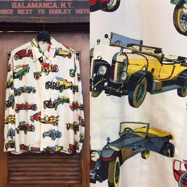 Vintage 1960’s Antique Cars Silk Ivy League Long Sleeve Shirt, Pop Art, Ford, Automobile Print, Vintage Clothing 