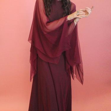 Stavropoulos Burgundy and Green Chiffon Gown 