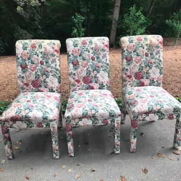 Collection of three vintage chintz parsons chairs. 