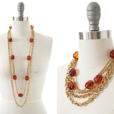 Vintage 1970s 1980s Necklace | 70s 80s Faux Amber Beaded Gold Tone Metal Chain Double Strand Stranded Long Necklace 