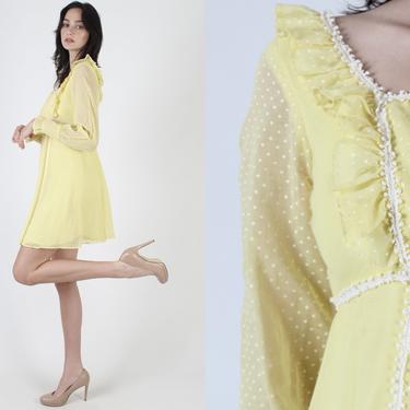 Yellow Swiss Dot Mini Dress / White Polka Dot Dress / Empire Waist Ruffle Chest / Vintage 70s Crochet Floral Lace Garden Short Dress 