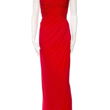 1980S Fred Hayman Beverly Hills Lipstick Red Polyester Jersey Strapless  Draped Bodice Gown 