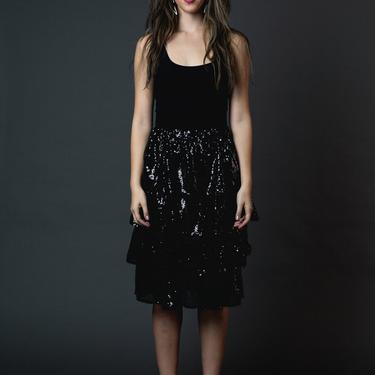 Black Sequin Tiered Skirt with Pockets 