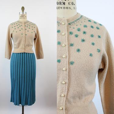 1940s KIMS knit sweater CARDIGAN beads and rhinestones small | new knitwear 