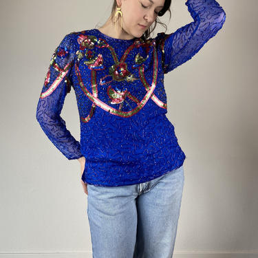 Silk Beaded &amp; Sequined blouse top - Let's Celebrate! // Silky Nites by Cherish // Size 8-10 Medium 