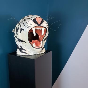 Vintage Ceramic White Tiger Head Sculpture | Handmade Clay Cat Bust Statue | Eclectic Maximalism, Postmodern, 70s-80s Art Deco Style Figure 