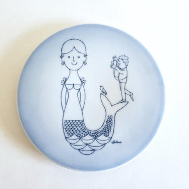 Vintage B&amp;G Little Mermaid Trivet in Blue, Round Ceramic Wall Tile, Antoni for Bing Grondahl Porcelain, Copenhagen Denmark Pottery 