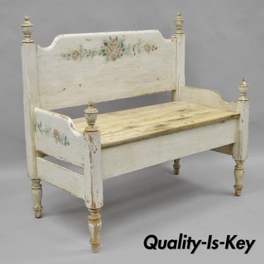 Repurposed Antique Wood Bed Foyer Entry Bench Shabby Distress Painted White 42"