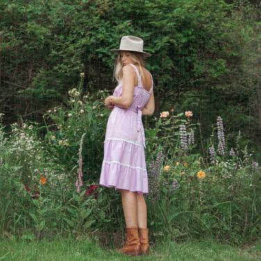 1970's Eyelet Lace Prairie Dress, Vintage Mexican Dress, 70s Boho Lilac Señorita Dress, Cotton Peasant Dress, Summer Festival Dress 