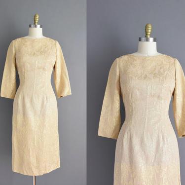 vintage 1950s dress | Champagne Sparkly Gold Floral Christmas Cocktail Party Wiggle Dress | Small | 50s vintage dress 