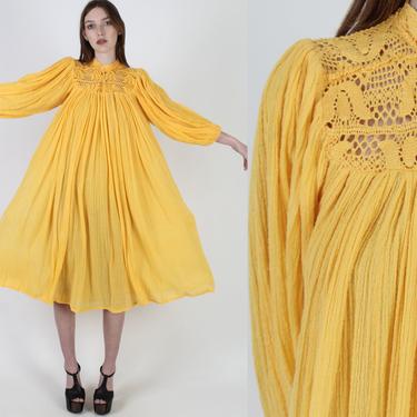 Yellow Trapeze Gauze Dress / Thin Puff Sleeve Cotton Dress / Embroidered Crochet Cutout Bib / Vintage 80s Ethinc Mexican Midi Dress 