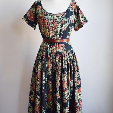 1980s Norma Kamali Floral Print Dress | Vintage 80s Cotton Dark Floral Dress with Full Skirt |  S/M 