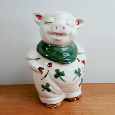 Vintage Shawnee Pottery Cookie Jar | Smiley with Clovers Shamrocks | Smiling Pig Overalls | Zanesville OH 