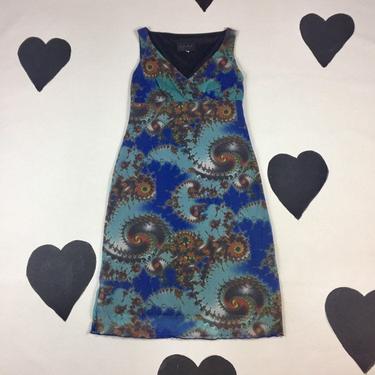 90's Y2K fractal mesh raver hippie print dress 1990's psychedelic acid printed net overlay wavy hem dress Jane Hamill V-neck sleeveless 4 S 