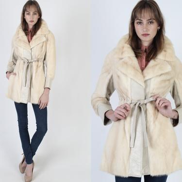 Vintage 70s Blonde Mink Trench Coat / 1970s Real Fur Leather Ski Jacket / Vertical Striped Real Fur Trench / Wide Full Collar Lined Jacket 