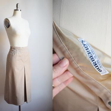 Vintage 1990s Burberrys Fitted Khaki Skirt | S | 90s Burberry London Cotton Skirt with Pleats 