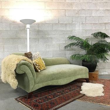 LOCAL PICKUP ONLY Vintage Chaise Lounge Chair Retro 1990's Green Velvet Curved Wood Frame Couch or Day Bed Living Room Furniture 