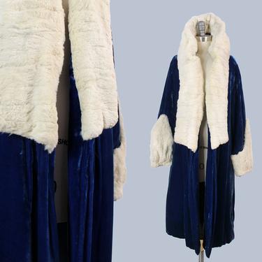 1920s Coat / 20s Blue Velvet Coat / White Fur Trim 