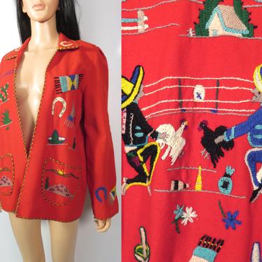 Vintage 40s/50s Mexican Embroidered Wool Souvenir Jacket Size M/L 