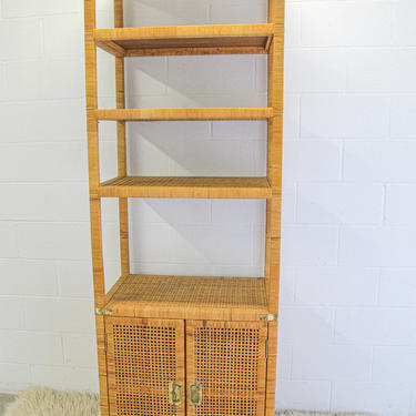 Vintage Wicker Rattan Woven Bohemian Cabinet with Shelves and Brass Hardware 
