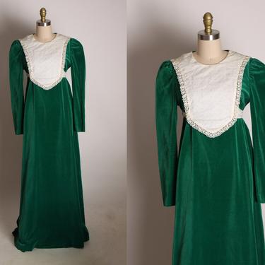 1970s Emerald Green Velvet and White Lace Long Sleeve Full Length Cottagecore Prairie Dress -L 
