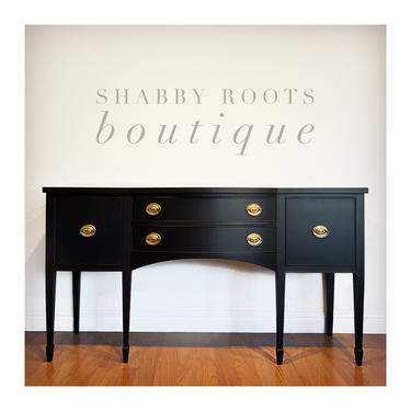 NEW! Antique federal bow front buffet sideboard refinished in Black - classic modern with brass /gold hardware. San Francisco CA by Shab
