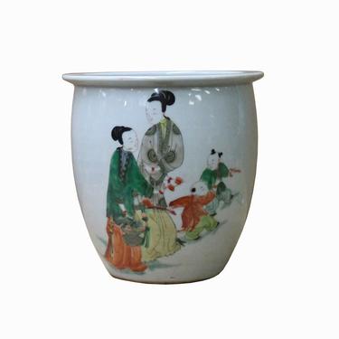Chinese Distressed Off White Porcelain People Scenery Round Pot ws1078E 