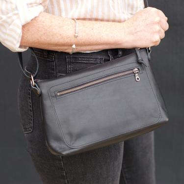 Leather Crossbody Day Bag, Smooth Off-Black
