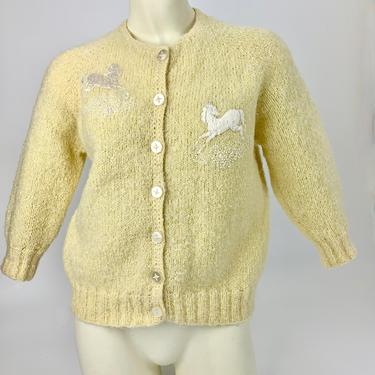 1950'S Cardigan Sweater - Embroidered Horses Prancing over Seed Bead Clouds - Fitted Pin-up Sweater - Women's Tailored Small to Medium 