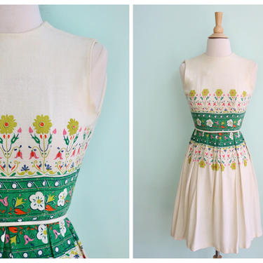 Vintage 1950's Scandinavian Floral Linen Dress | Size Extra Small 