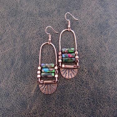 Chandelier earrings, Afrocentric mosaic jasper, antique copper earrings, ethnic statement earrings, chunky bold earrings, African earrings 