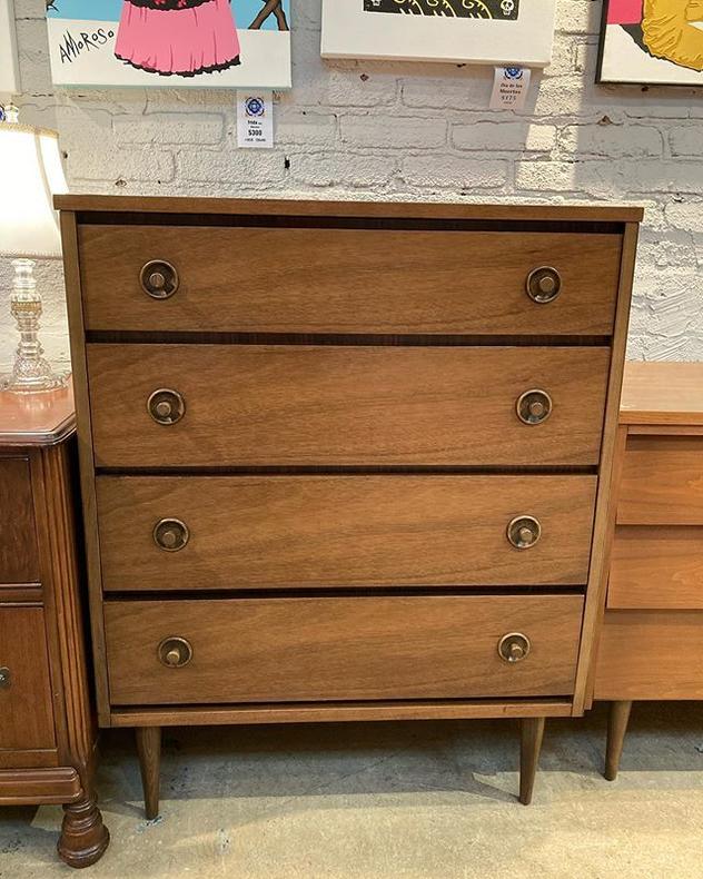 Mid century modern 4 drawer chest. Wooden pulls! 34” wide 18” deep 43.5” tall. 