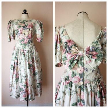 80s does 50s Floral Romantic Dress Full Skirt Cottagecore Size M 