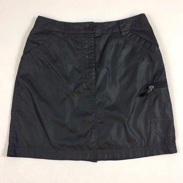 90's ESPRIT Sport silky cargo utility skirt 1990's black nylon parachute mini skirt cyber military hacker raver / toggle zipper pocket / 8 M 