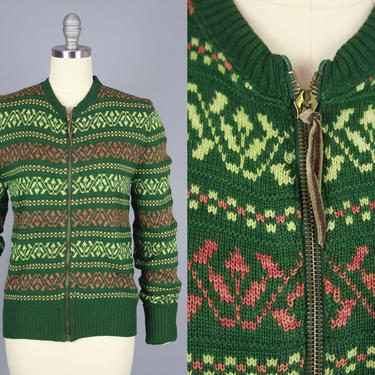 1940s Zip Front Cardigan | Vintage 40s Forest Green Knit Sweater with Rust &amp; Light Green Pattern | medium 