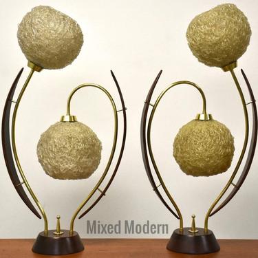 Walnut and Brass MCM Flower Lamps- a Pair 