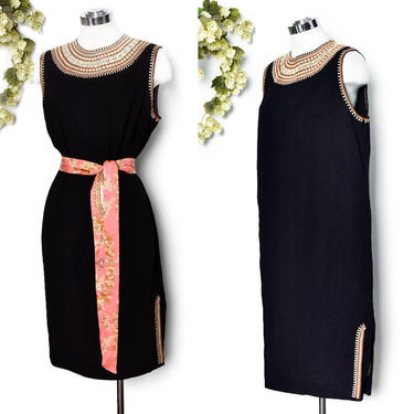 vtg Egyptian Shift Dress, Vintage Dress, Mod Boho Hippie style Black Dress with Metallic Embroidery Gold Silver, 40's Kaftan, Caftan 