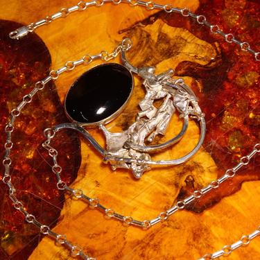 Vintage Hallmarked Toni Sterling Brutalist Black Stone Cabochon Pendant Necklace, Organic Silver Embellishments, Silver Link Chain, 30&amp;quot; L 