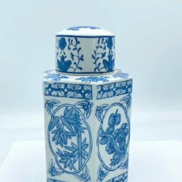 Vintage Blue & White Porcelain Tea Caddy Jar with hand painted floral design- Octagon Shaped 8&quot; tall 