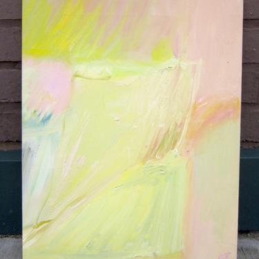 Vintage C. 1970s Suzanne Peters Yellow and Pink Calm Pastel Tone Abstract Expressionist Figural Oil on Canvas Painting 