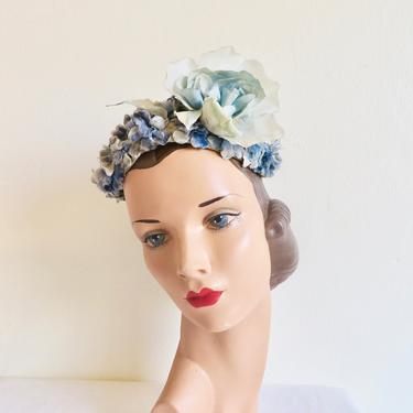 Vintage 1950's Light Pastel Blue Velvet Flower Petal Fascinator Hat Silk Rose Spring Summer Rockabilly Swing Garden Party 50's Millinery 