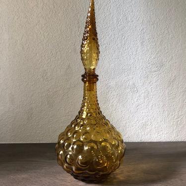 Mid century Bubble genie bottle, Vintage empoli amber glass decanter, genie bottle, Italian glass 