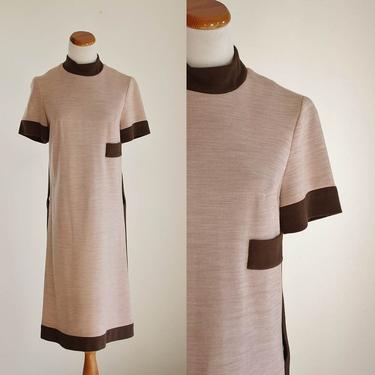Vintage Womens Knit Dress, 60s Mod Dress, Short Sleeve Dress, Mock Turtleneck Shift Dress, Drop Waist Dress, Medium 